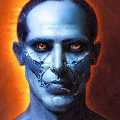 Image similar to surreal portrait of a man by Greg Rutkowski, symmetrical face, he is about 50 years old, short black hair with bangs, his features are a mix between French, Turkish and Russian, transformed into a kind of biomechanical transhuman god, blue glowing eyes, expression of epiphany and determination, cosmic void background, frightening, fascinating, highly detailed portrait, digital painting, book cover, artstation, concept art, smooth, sharp foccus ilustration, Artstation HQ