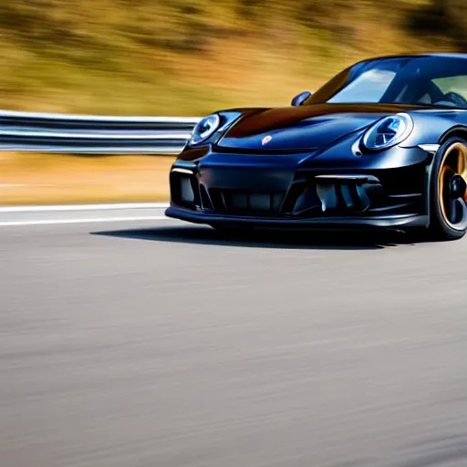 Image similar to a black 2 0 2 1 porsche 9 1 1 gt 3 driving on a windy road, action photo, 4 k