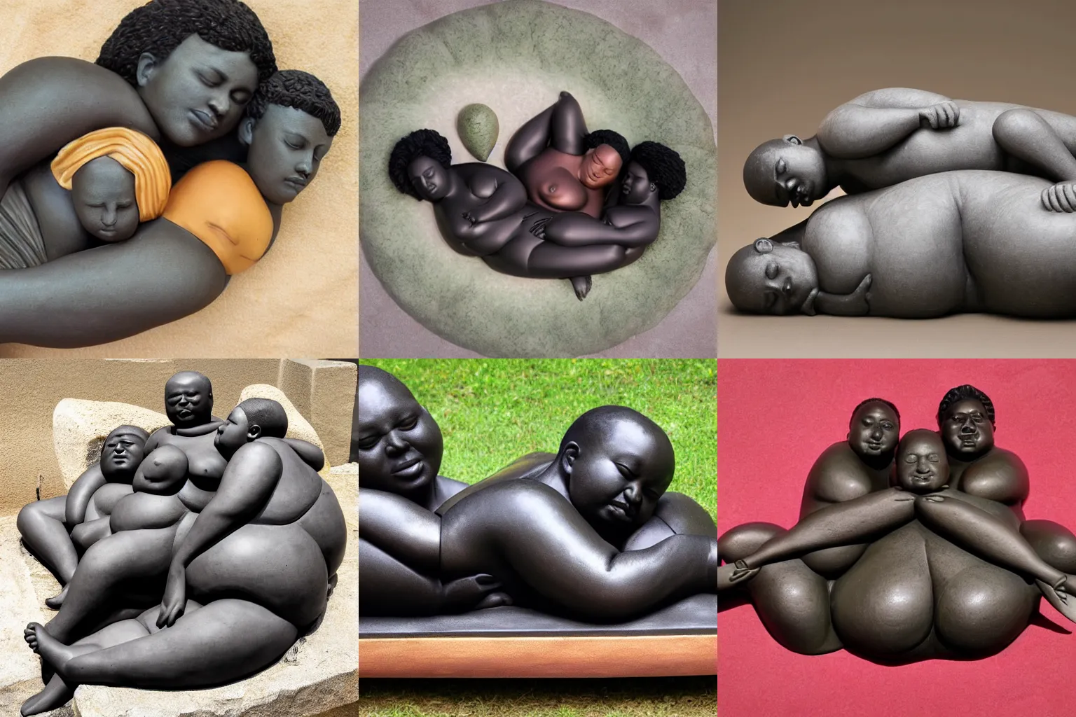 Prompt: sculpture of 3 beautiful fat black people sleeping together