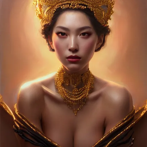 Prompt: expressive oil painting, of alluring european princess, loving seductive look, smooth glowing skin, glistening body, love, adoration, blushing, ornate headpiece of black beads, glamour shot, by yoshitaka amano, by greg rutkowski, by jeremyg lipkinng, by artgerm, digital art, octane render, robe