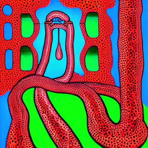 Image similar to A very long dog like a snake chasing its own tail while spinning, suburbian house at the background. in the art style of Yayoi Kusama