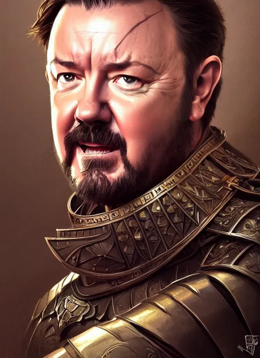 Image similar to portrait of ricky gervais, d & d, muscular!! armour, intricate, elegant, highly detailed, digital painting, artstation, concept art, smooth, sharp focus, illustration, art by artgerm and greg rutkowski and alphonse mucha