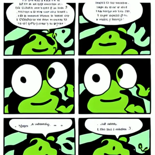 Image similar to a four panel comic about a talkative frog