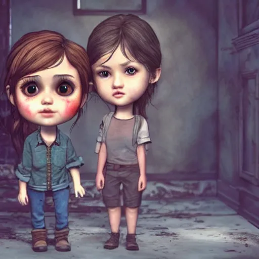 Image similar to Extremely cute and adorable 8k HD key visual of Ellie (The Last of Us) and Selena Gomez posing for the camera in an eerie haunted mansion in a creepy horror movie, official media, designed by Mark Ryden and artgerm and Margaret Keane. The art style is quite chibi, with large heads and big wide eyes. 3D render diorama Macro photography