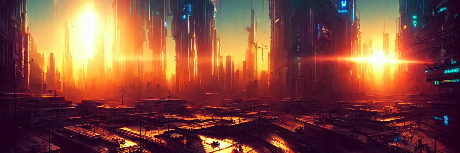 Prompt: cinematic photography of a cyberpunk city during sunset, sun flare back lighting, cyber led neon, bokeh, rule of thirds, hyper photorealistic, crispy quality, digital photography, art by artgerm, art by greg rutkowski, art by pascal blanche,