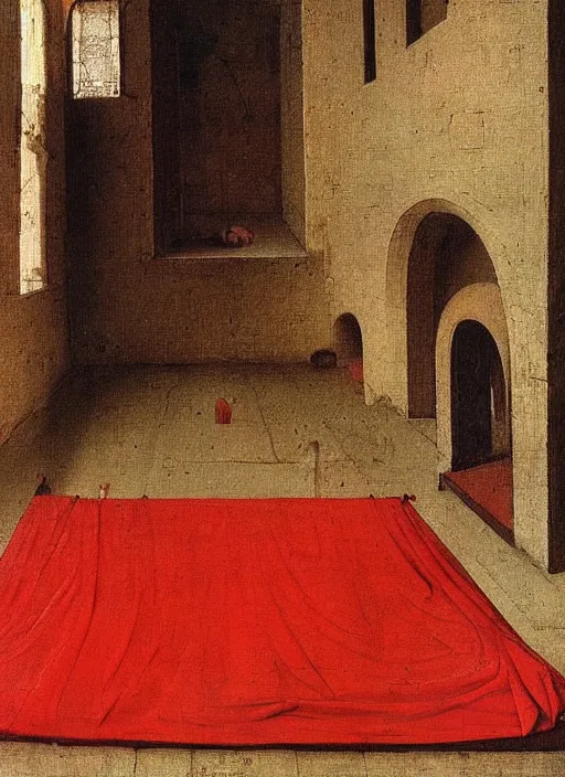 Image similar to red cloth of the floor, medieval painting by jan van eyck, johannes vermeer, florence