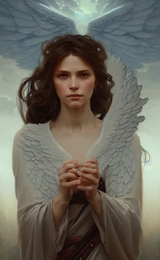 Image similar to a portrait of an angel woman, concept art, deep focus, sky, heaven, clouds, intricate, highly detailed, digital painting, artstation, matte, sharp focus, illustration, art by greg rutkowski and alphonse mucha