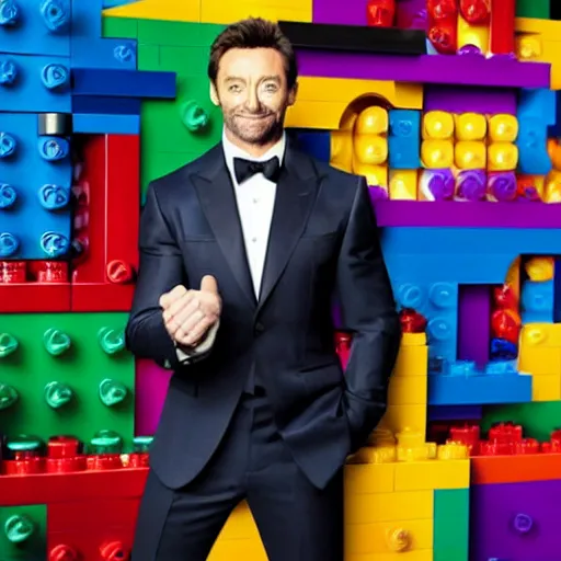 Image similar to hugh jackman as the host of lego masters, fashion photo,