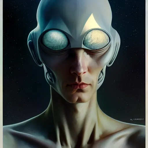 Image similar to grey alien, friendly peaceful, heroic lighting, sci-fi, intricate, elegant, highly detailed, lifelike, photorealistic, digital painting, artstation, illustration, concept art, smooth, sharp focus, art by John Collier and Albert Aublet and Krenz Cushart and Artem Demura and Alphonse Mucha