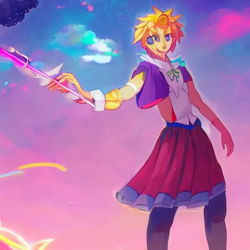 Image similar to crossdressing magical man in anime style, colorful dress, holding wand, fantasy, smile, illustration, body hair, muscular, full body, workout, male, body builder, digital painting, artstation, simon stalenhag, epic, stunning, rainbows, sailor moon, hdr, highly detailed