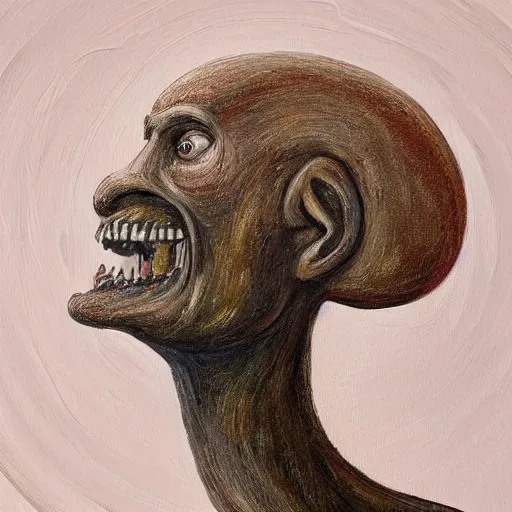 Prompt: A beautiful painting of of a giant head. The head is bald and has a big nose. The eyes are wide open and have a crazy look. The mouth is open and has sharp teeth. The neck is long and thin. intricate by Mary Anning Sigma 85mm f/1.4