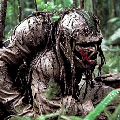 Image similar to film still of predator looking for his prey and john cena as major dutch, covered in mud and hiding from him in swamp scene in 1 9 8 7 movie predator, hd, 4 k