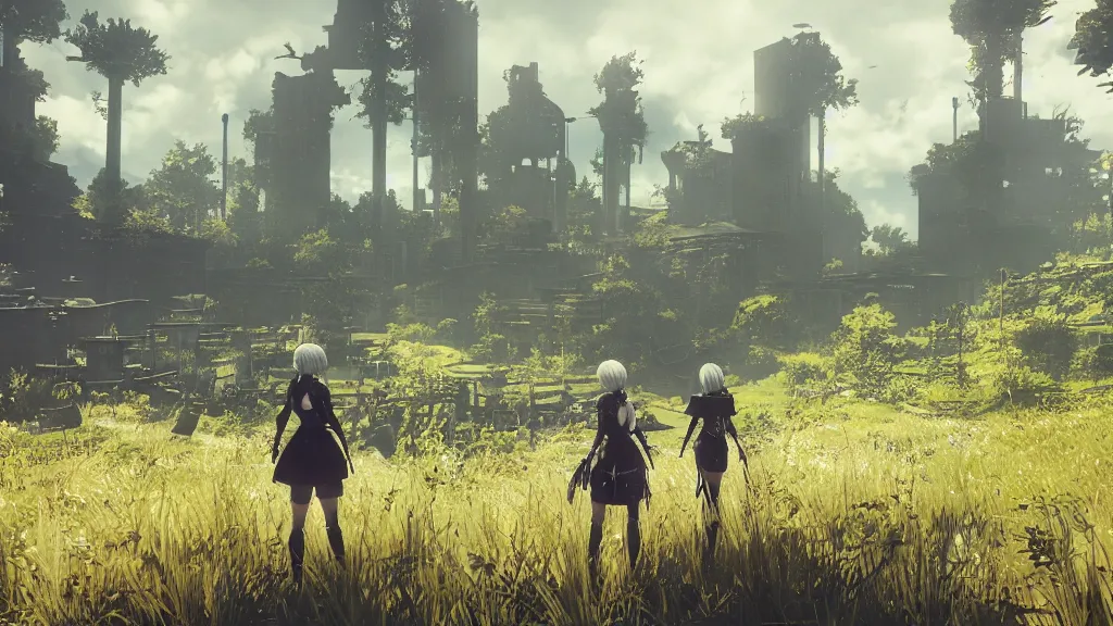 Image similar to Screenshot from Nier Automata in a beautiful countryside field