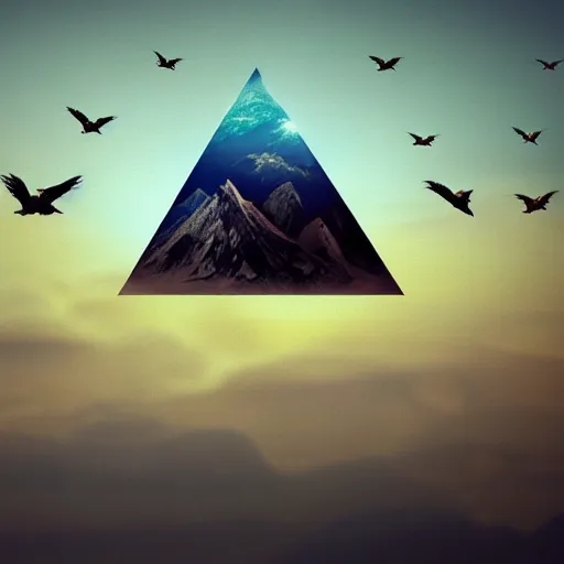 Prompt: A flying mountain on the sky surrounded by birds with human heads. Birds of human heads. Ultra realistic. Realistic. Photo realistic. 8k.