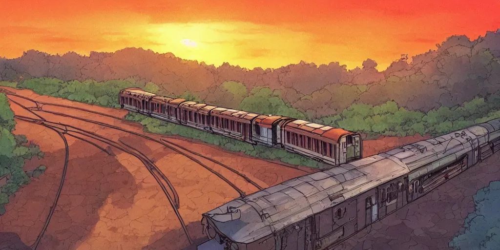 Prompt: a sunset railroad environment in the studio ghibli style, ghibli,