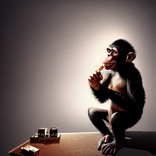 Image similar to a chimp wearing a suit smoking a cigar, dramatic lighting, cinematic, establishing shot, extremly high detail, photorealistic, cinematic lighting, artstation, style by James Gurney