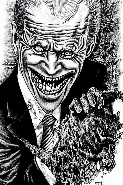 Prompt: joe biden evil grin, horror, terrifying artwork, monster, artwork by junji ito, black and white manga