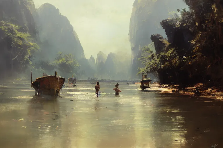 Image similar to painting of thailand landscape, by jeremy mann and greg rutkowski, dramatic, cinematic light, oil on canvas