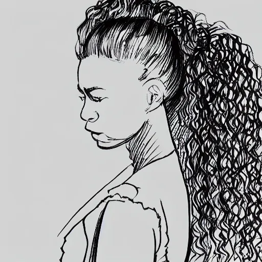 Image similar to a black and white drawing of the silhouette of a woman with long curly in a ponytail hair using a dress