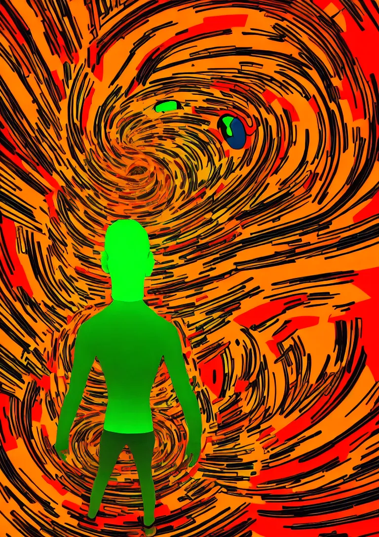 Image similar to Behind the troubled indecisive man was The portal into his imagination containing a swirling vortex of memories and ideas. High concept art. Introspective. Red orange yellow green themed.