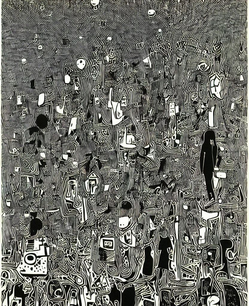 Image similar to two people standing next to each other, a screenprint by michael deforge, featured on pixiv, orphism, concert poster, woodcut, poster art