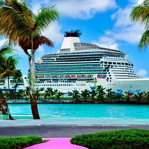 Prompt: Vaporwave cruise ship docking at Caribbean resort