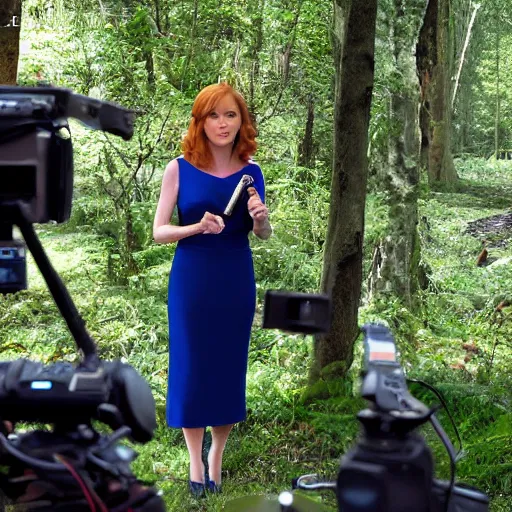 Image similar to stunning live footage of news anchorwoman liz claman reporting from lothlorien interviewing arwen, lord of the rings movie, by daniella zalcman, directed by peter jackson, highly detailed, canon eos r 3, f / 1. 4, iso 2 0 0, 1 / 1 6 0 s, 8 k, raw, symmetrical balance