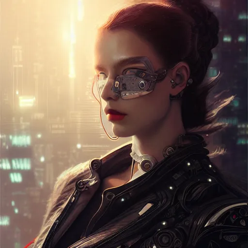 Image similar to portrait of a beautiful cyborg woman, leather jacket, at futuristic cyberpunk tokyo night, sci - fi and fantasy, intricate and very very very beautiful, highly detailed, digital painting, artstation, concept art, smooth and sharp focus, illustration, art by tian zi and wlop and alphonse mucha