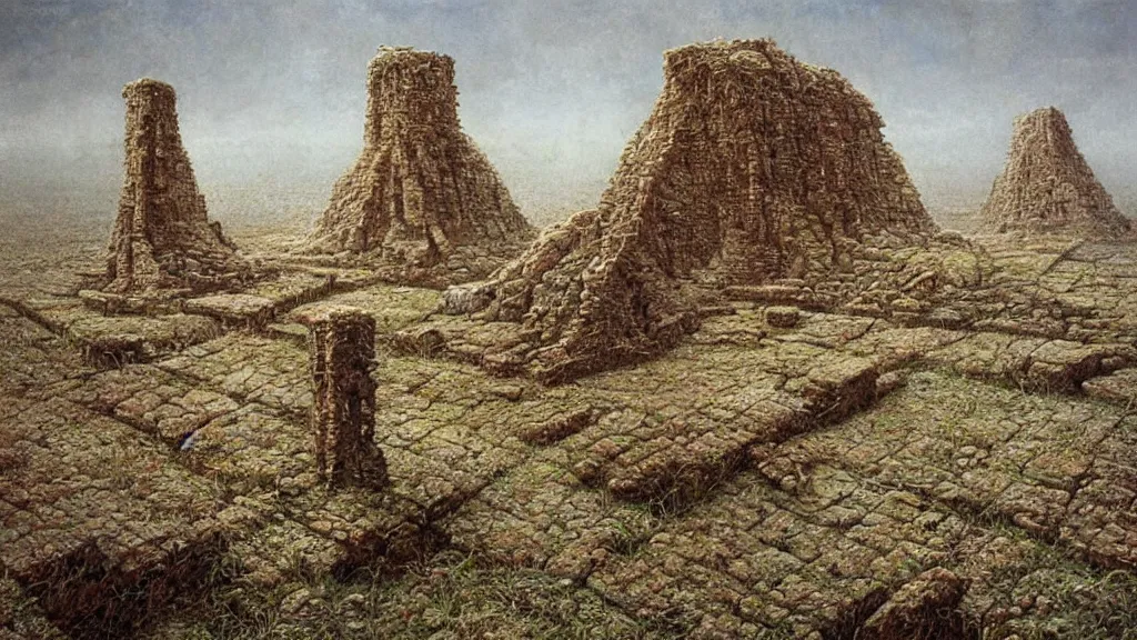 Prompt: ancient ruined relics symbolizing preponderance by beksinski and peter gric and bruce pennington