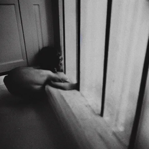 Prompt: a creepy looking human crawling out from underneath the bed, with the light of the window reflecting on him, black and white 35mm photograph.