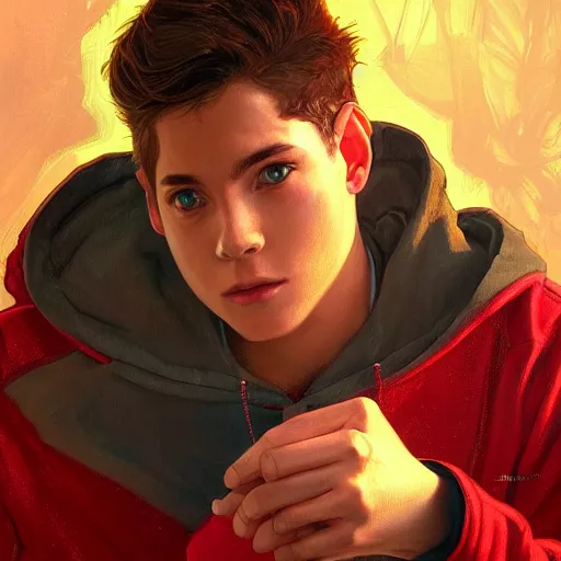 Image similar to a preppy magic student boy wearing a red hoodie, d & d, fantasy, intricate, cinematic lighting, highly detailed, digital painting, artstation, concept art, smooth, sharp focus, illustration, art by artgerm and greg rutkowski and alphonse mucha