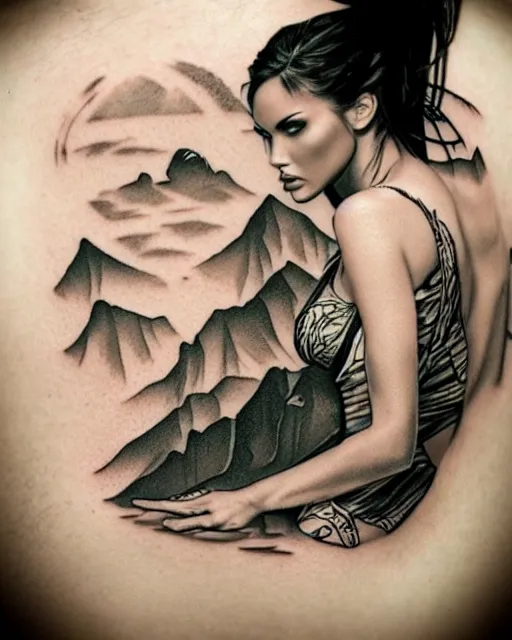 Image similar to creative double exposure effect tattoo design sketch of megan fox with beautiful mountains, realism tattoo, in the style of andrey lukovnikov, amazing detail, sharp