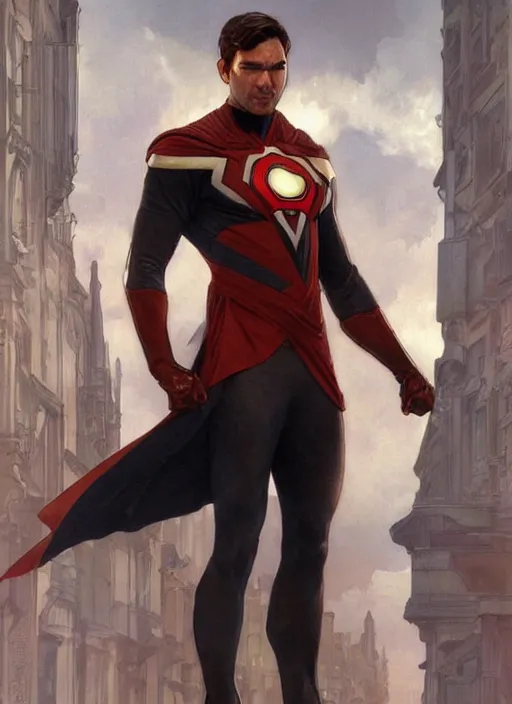 Prompt: antony starr. he is dressed as a superhero. clean elegant painting, beautiful detailed face. by artgerm and greg rutkowski and alphonse mucha