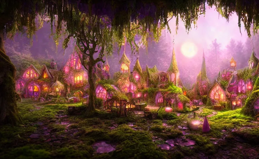 Image similar to inside an ethereal magical fairy village, highly detailed, 8 k, hdr, award - winning, octane render, artstation