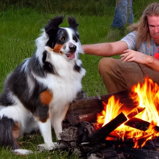 Prompt: picture of an australian shepherd with a hillbilly with long blonde hair around a bonfire - n 9