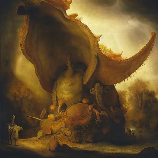 Prompt: king anomalocaris of the underworld, cambrian fauna, rembrandt baroque painting, dutch golden age landscape painting, mysterious, ambient light, dramatic light, soft colours