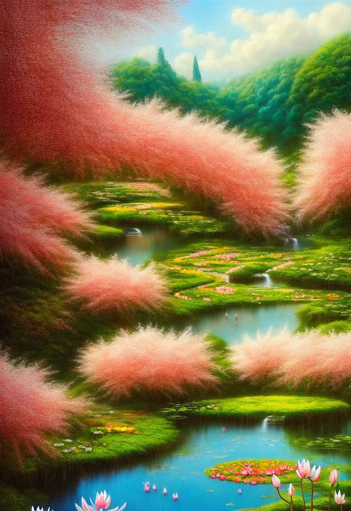 Image similar to a real photographic landscape painting with incomparable reality, wide angle, in forest, flowers, peach tree in full bloom, waterlily pond, bright style, harry potter, clearing,, john howe, magnificent, artstation