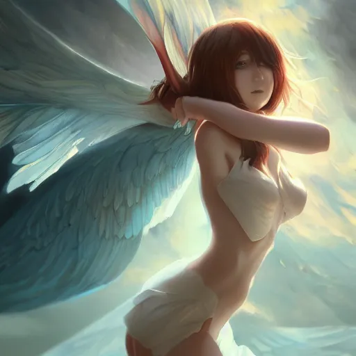 Image similar to an oil painting of a beautiful anime girl with wings, by artgerm, wlop and greg rutkowski, hd, hdr, ue 5, ue 6, unreal engine 5, cinematic 4 k wallpaper, 8 k, ultra detailed, high resolution, artstation, award winning