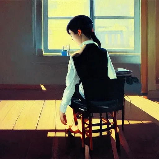 Image similar to oil painting by ilya kuvshinov, rhads, coby whitmore, of a youthful japanese beauty, long hair, sitting on antique chair leaning against a desk, victorian room