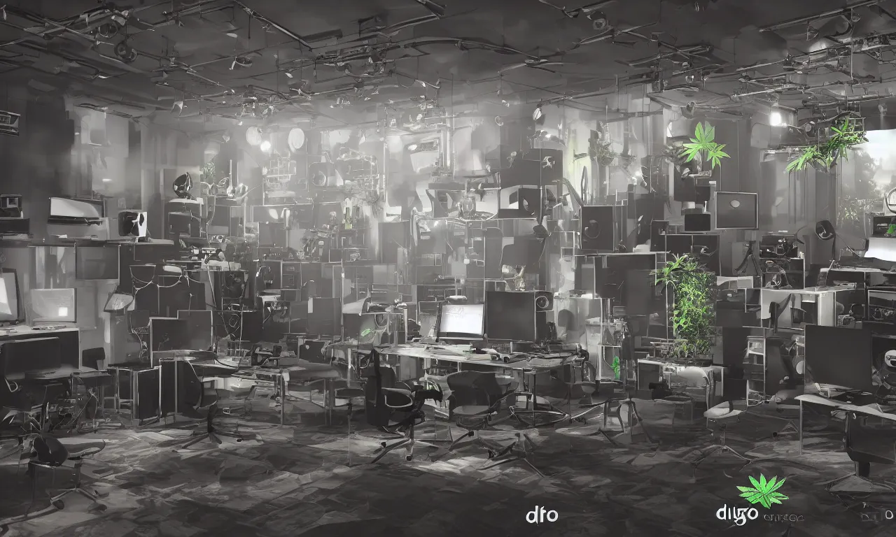 Prompt: dingo\'s electronic music cannabis studio, vray render, highly detailed, octane render