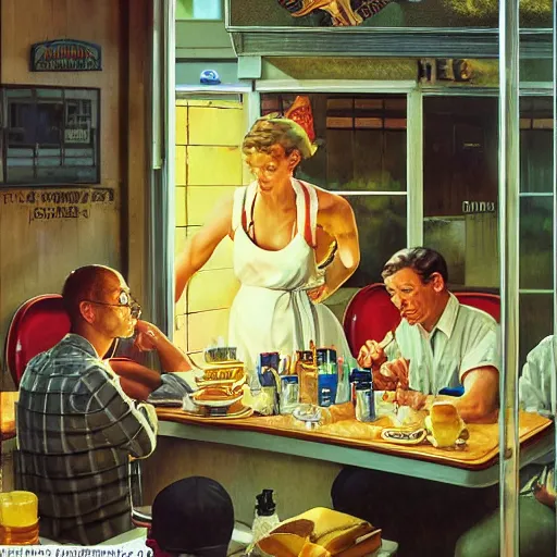 Prompt: a roadside diner open since the 7 0 s in ohio : with free coffee refills, daily specials, and a door you must never open, high quality high detail art by david mattingly and norman rockwell and nc wyeth, hd, realistic, photorealistic lighting, modern supernatural horror.