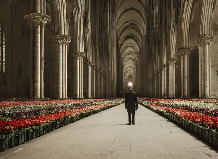 Prompt: lonely man standing in a vast cathedral full of flowers and fruit, in the style of The Dutch masters and Gregory Crewdson, dark and moody
