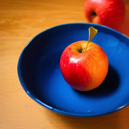 Prompt: A blue apple in a bowl of oranges, 4k, photo, hd,