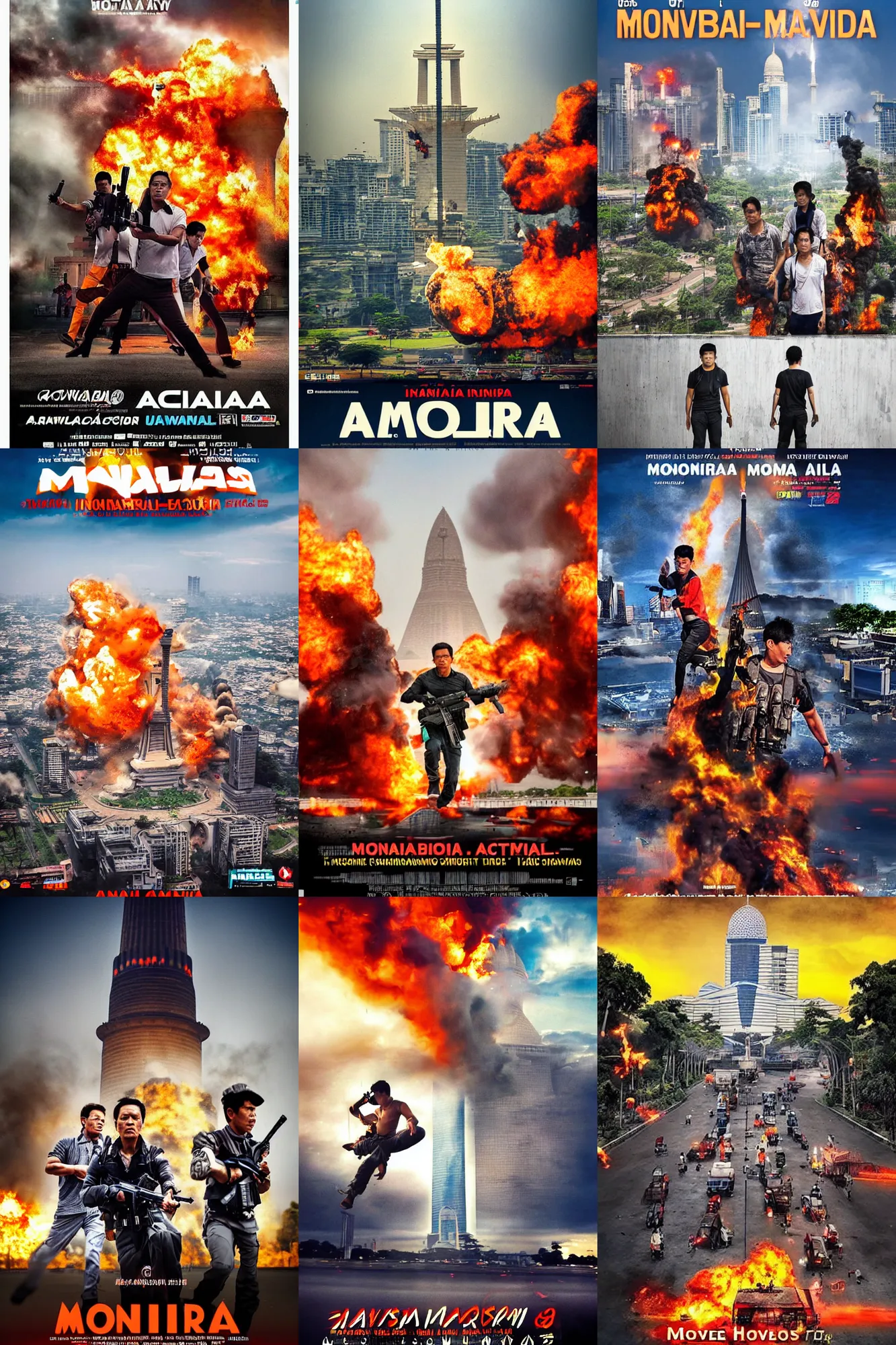 Prompt: movie poster, indonesian action movie, monas jakarta, explosion, busway