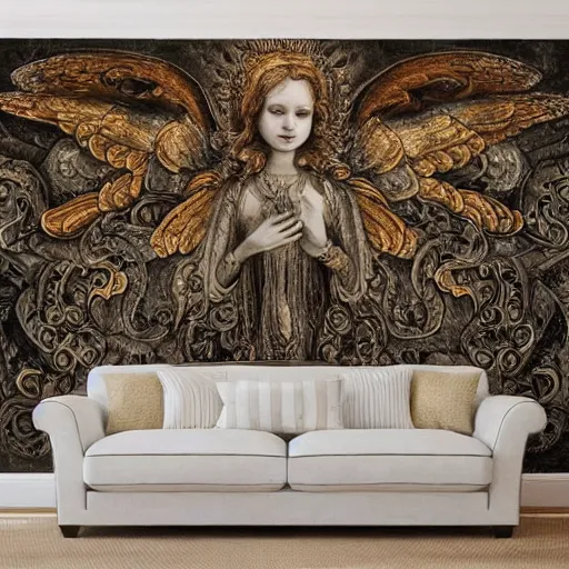Image similar to ornate wall, full of paintings of angels, texture symmetrical highly detailed