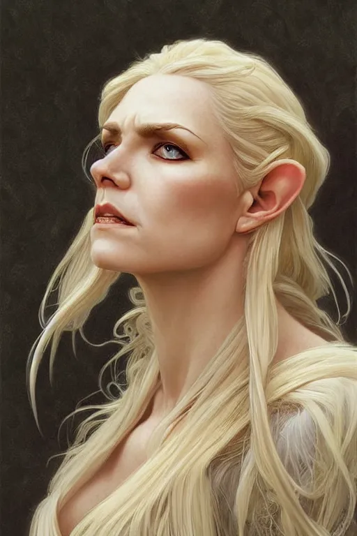 Image similar to portrait of an old blonde elven mage, dark, piercing eyes, gentle expression, elegant clothing, photorealistic, highly detailed, artstation, smooth, sharp focus, art by michael whelan, artgerm, greg rutkowski and alphonse mucha