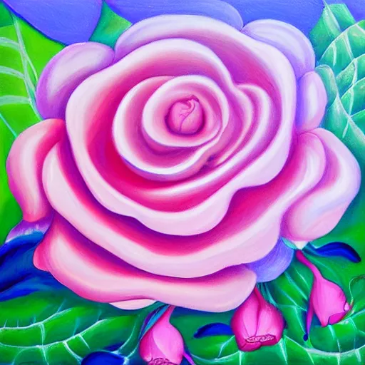 Prompt: squishy delicacy, sacred flower, pink roses, detailed oil painting by Georgia O’Keefe