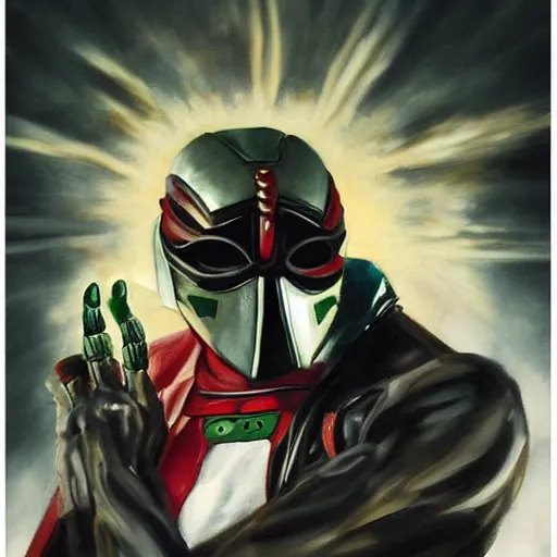 Image similar to a realistic painting by Raffaello Sanzi depicting the Kamen Rider Black RX with the head of the symbiotic Burning Skull in the Renaissance,smooth,Sharp focus, trending on Artstation.