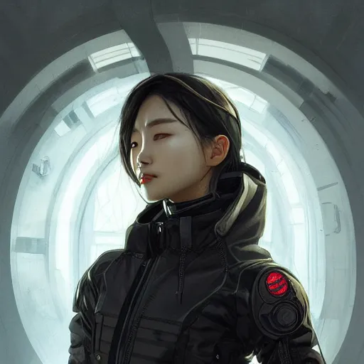 Prompt: cyborg Korean female wearing heavy techwear jacket, intricate, elegant, highly detailed, digital painting, artstation, concept art, smooth, sharp focus, illustration, art by artgerm and greg rutkowski and alphonse mucha