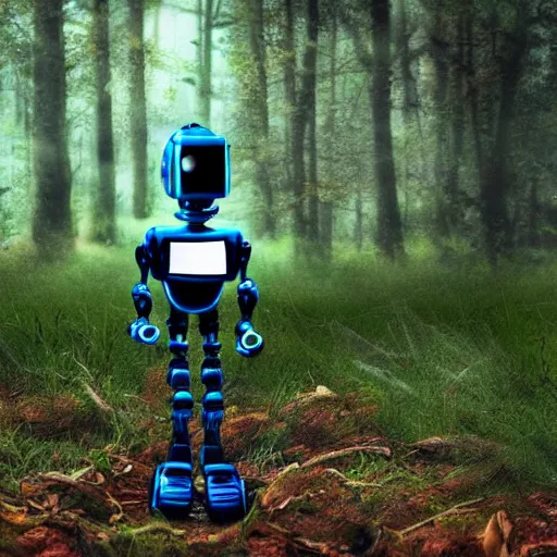 Prompt: a robot lost in the woods, photorealistic